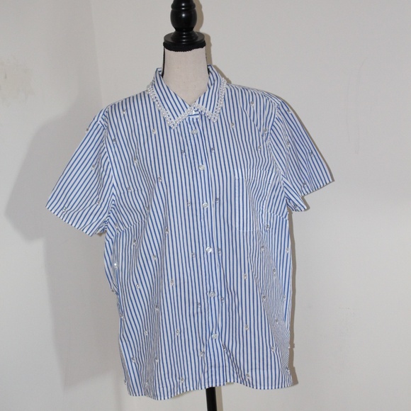 Talbots, Daffodil Stripe shirt Embellished with Pearls and Rhinestones - Picture 2 of 12
